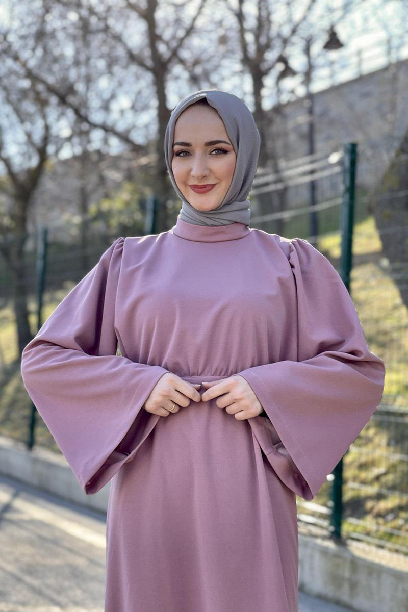 Belden Bağlamalı Elbise Pudra
