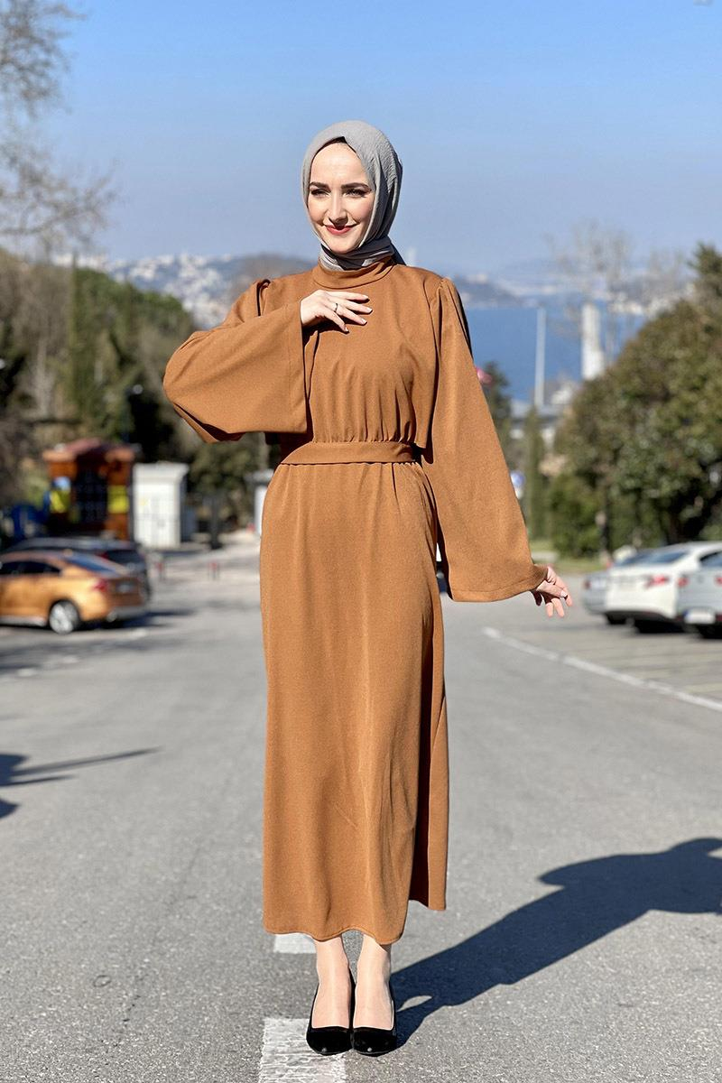 Belden Bağlamalı Elbise Taba