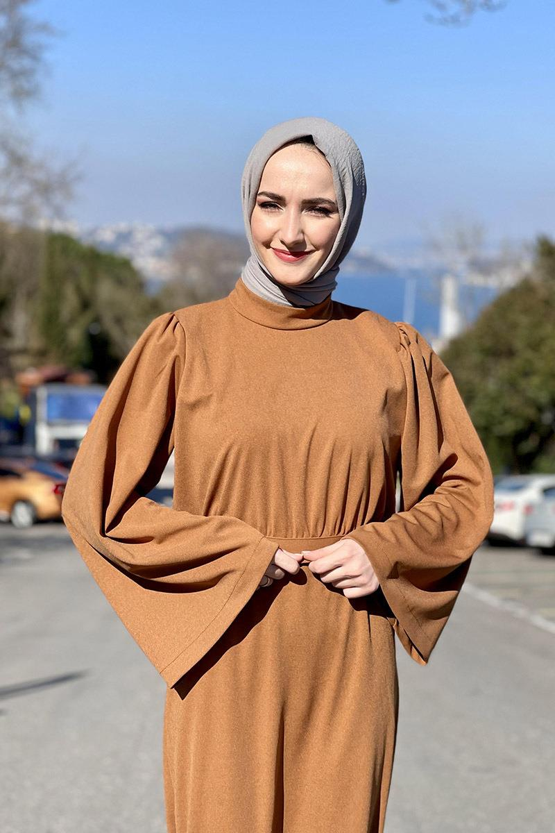 Belden Bağlamalı Elbise Taba
