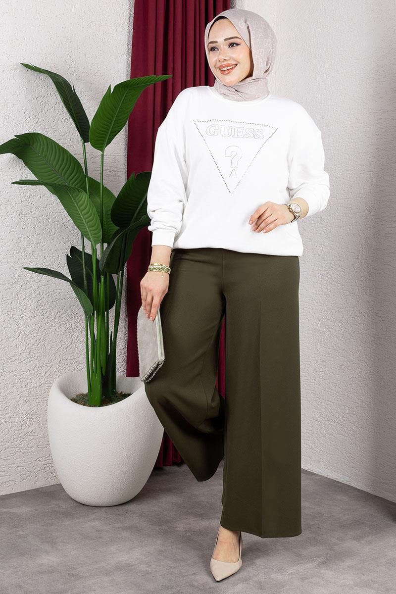 Beli Lastikli Bol Paça Pantolon HAKİ