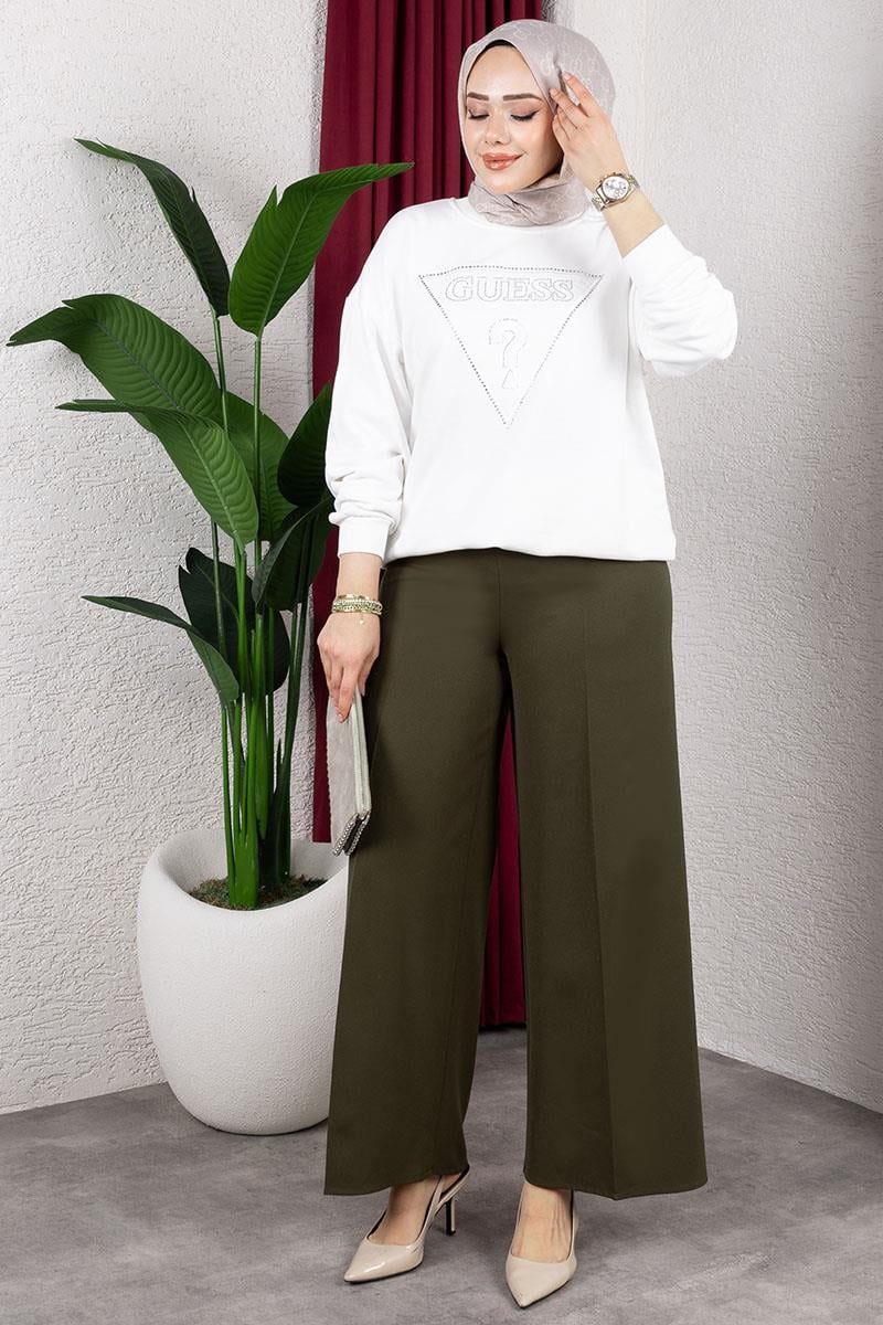 Beli Lastikli Bol Paça Pantolon HAKİ