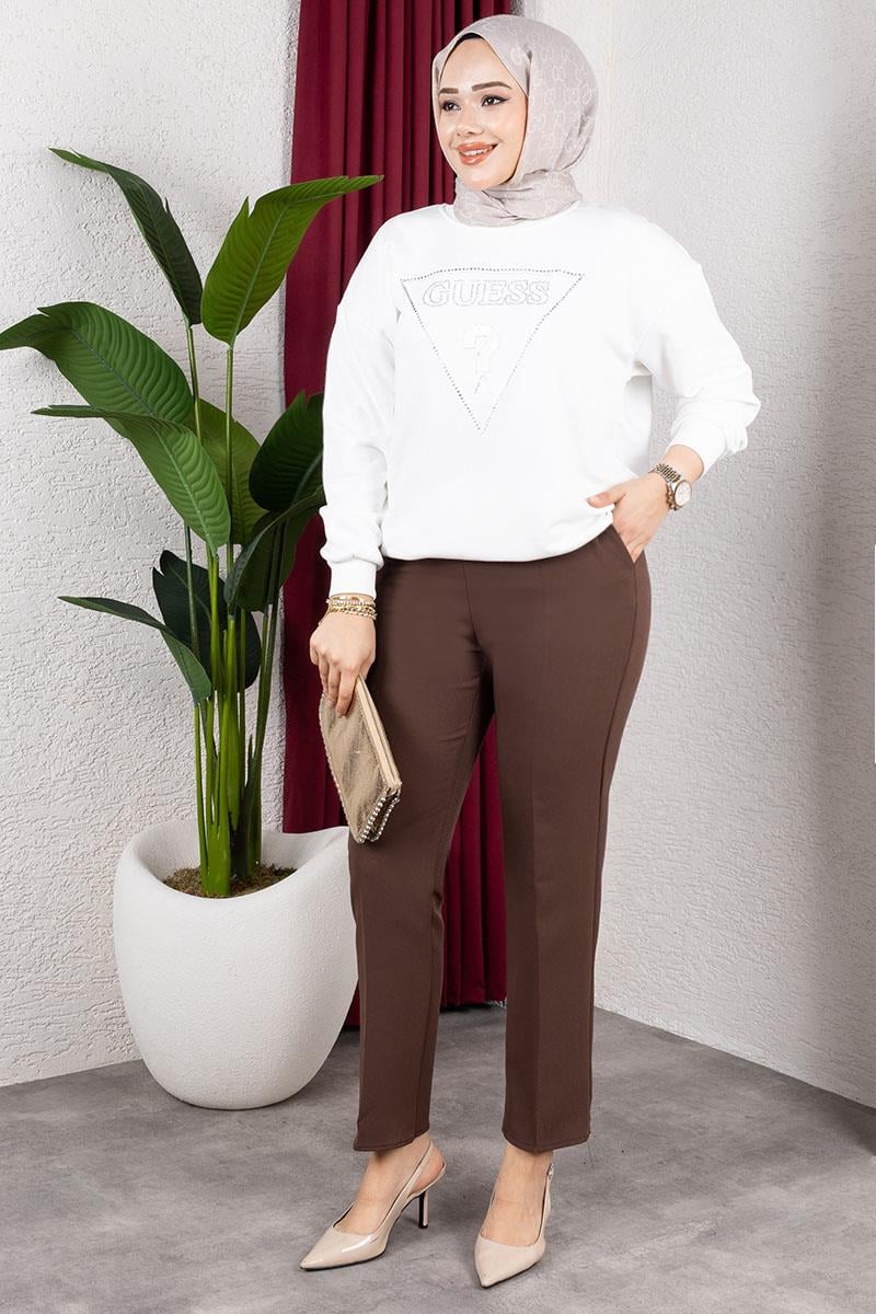 Beli Lastikli Krep Pantolon KAHVERENGİ