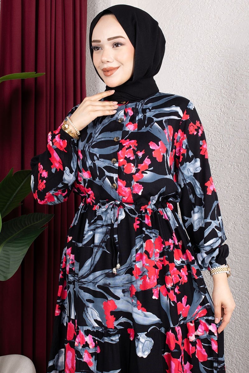 Beli Tünelli Çiçekli Elbise  FUŞYA