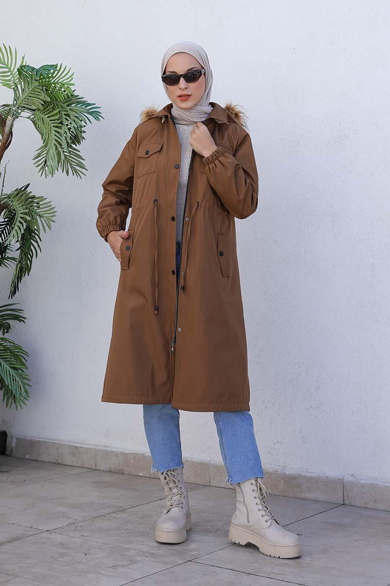 Bondit Kumaş Kürklü Kaban Taba
