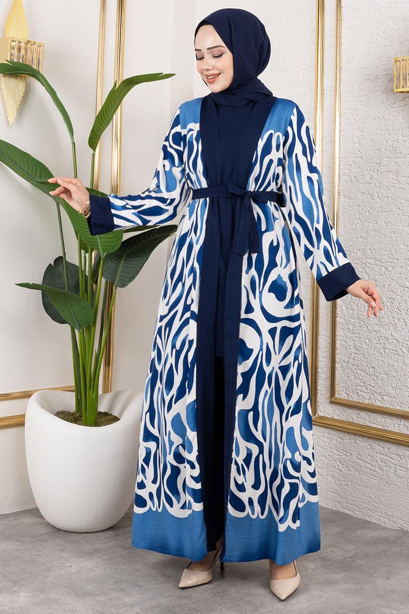 Desenli Üçlü Viskon Takım  İNDİGO