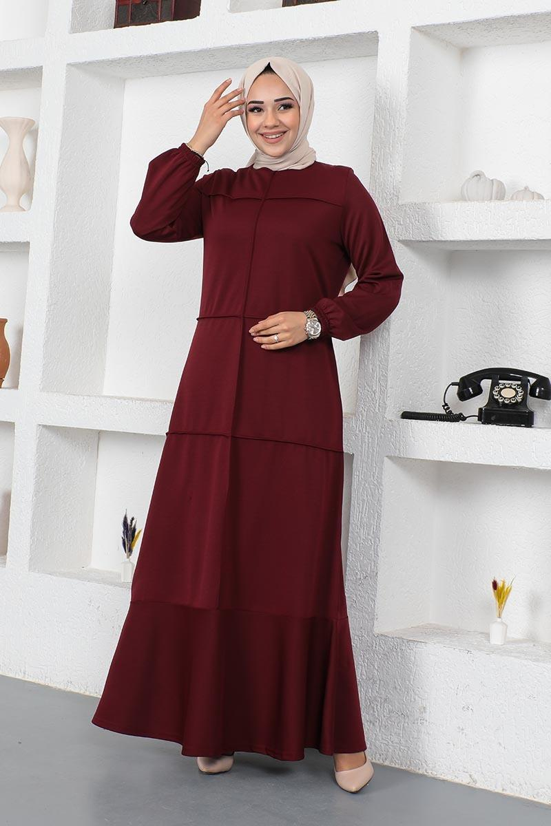 Dikiş Detaylı Elbise Bordo