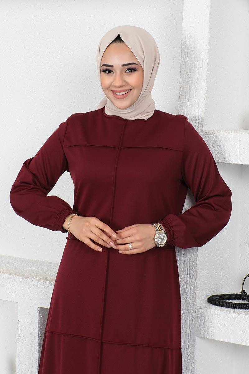 Dikiş Detaylı Elbise Bordo