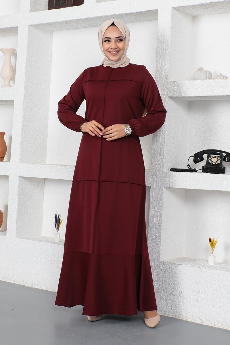 Dikiş Detaylı Elbise Bordo