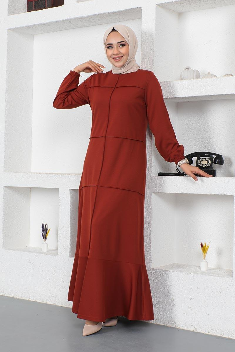 Dikiş Detaylı Elbise Kiremit