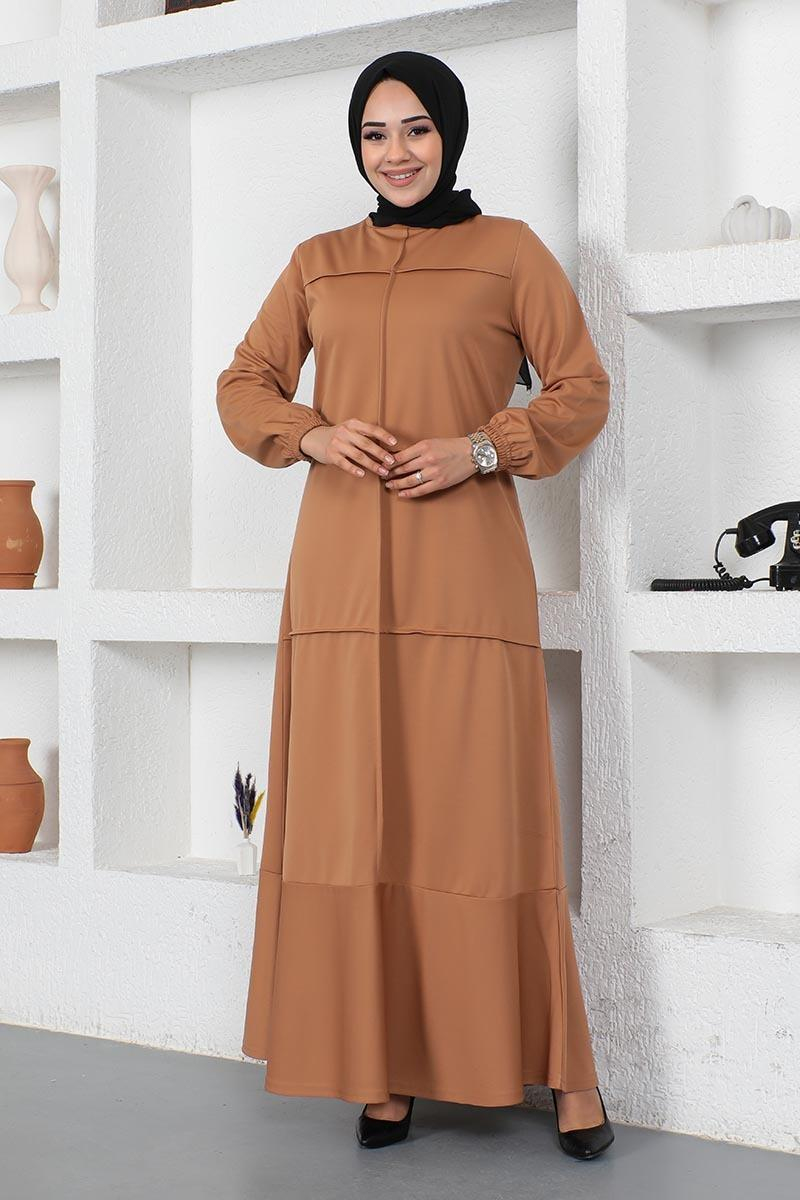 Dikiş Detaylı Elbise Taba