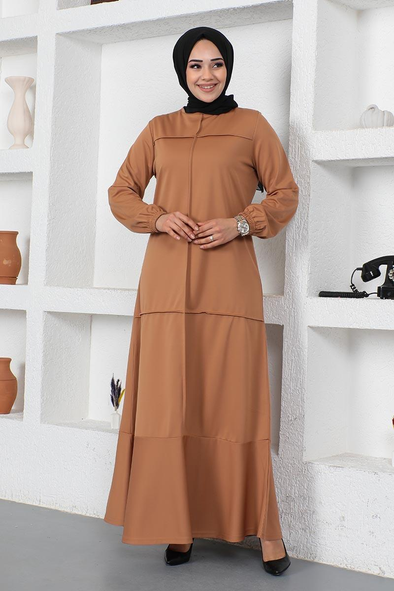 Dikiş Detaylı Elbise Taba