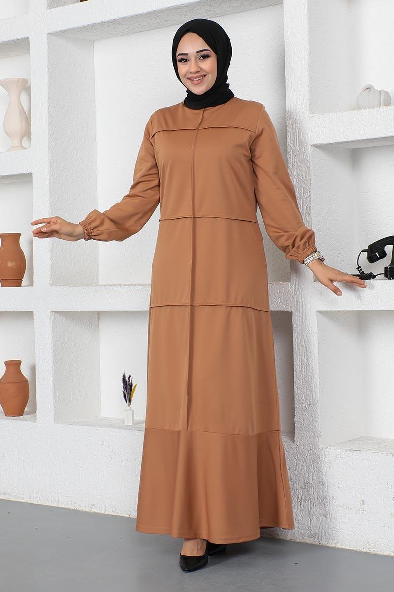 Dikiş Detaylı Elbise Taba