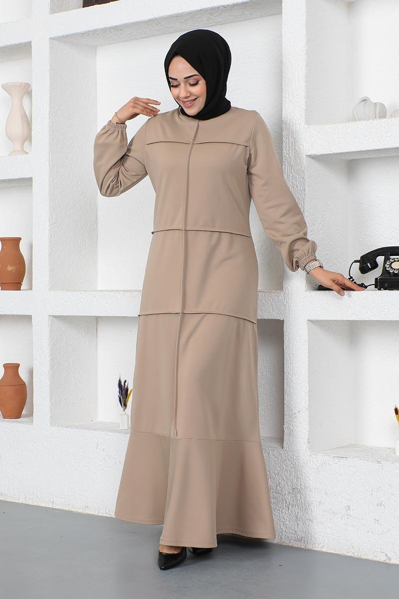 Dikiş Detaylı Elbise Vizon