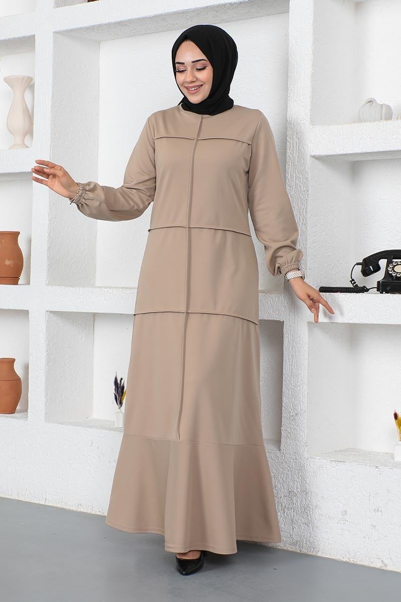 Dikiş Detaylı Elbise Vizon