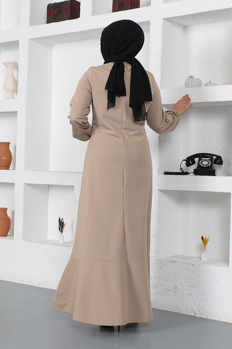 Dikiş Detaylı Elbise Vizon