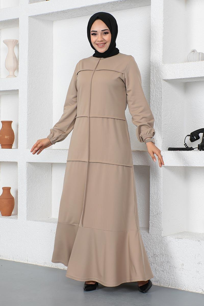 Dikiş Detaylı Elbise Vizon
