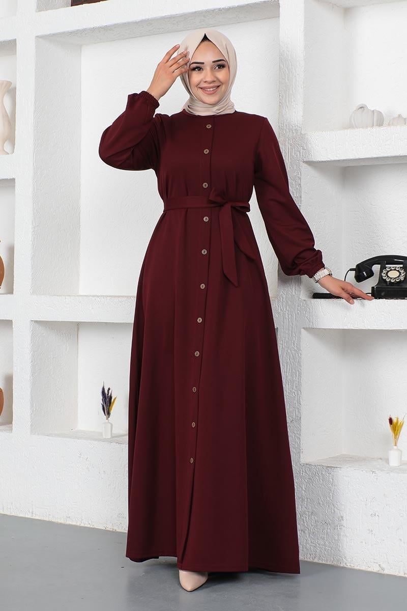 Düğme Detaylı Kemerli Elbise Bordo