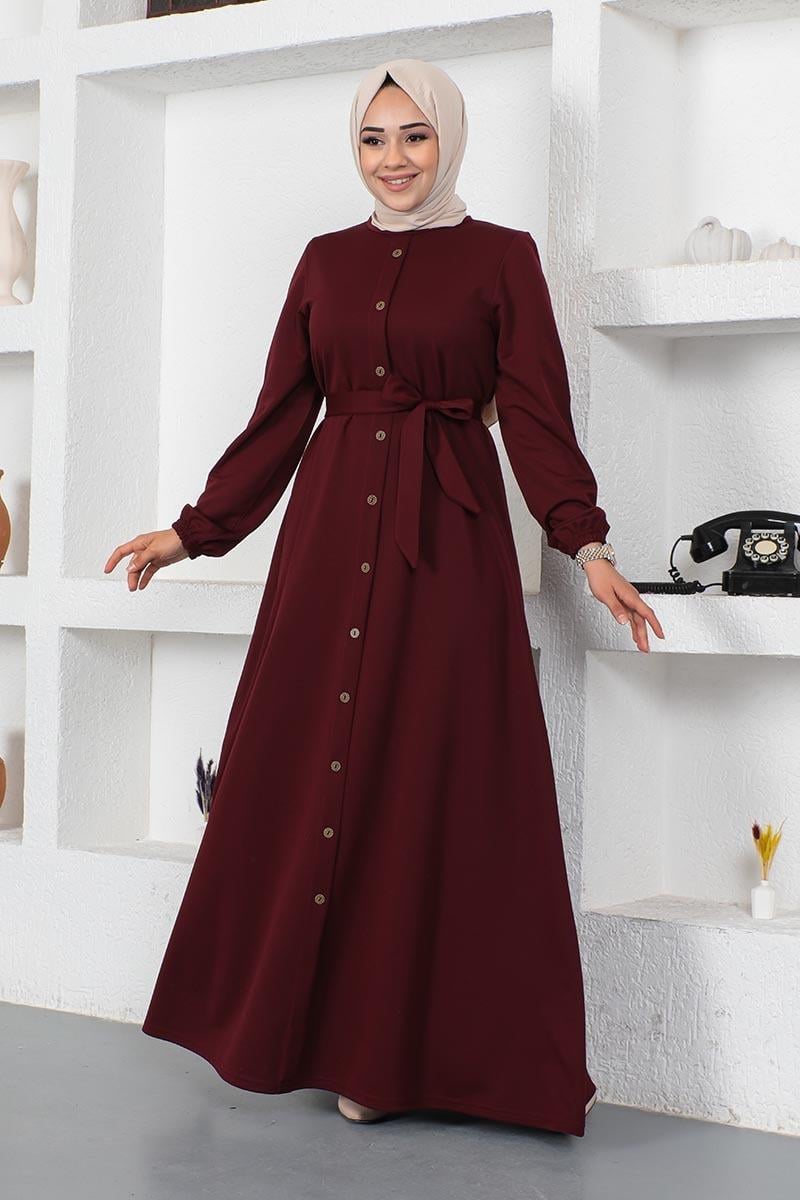 Düğme Detaylı Kemerli Elbise Bordo