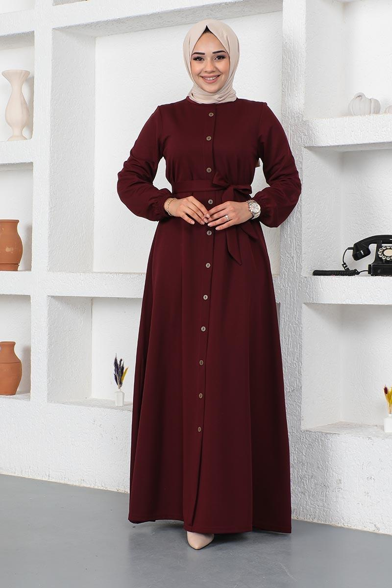 Düğme Detaylı Kemerli Elbise Bordo