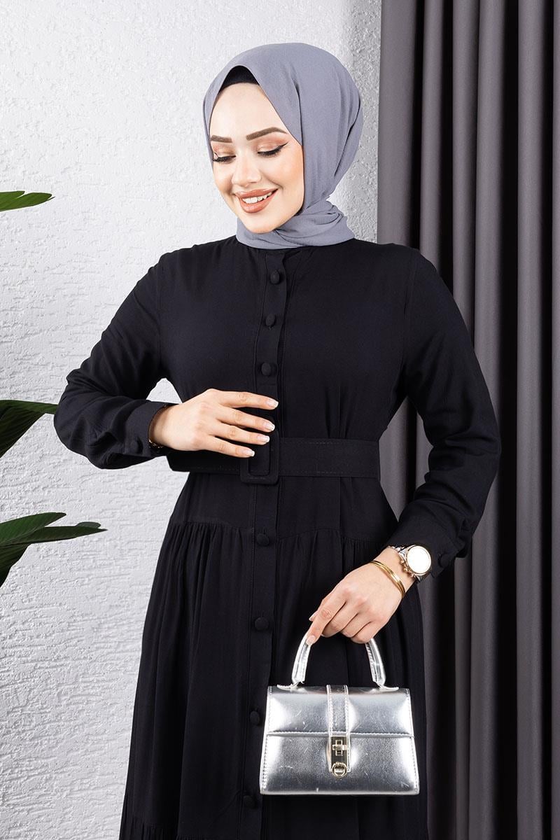 Düğmeli Tesettür Elbise SİYAH