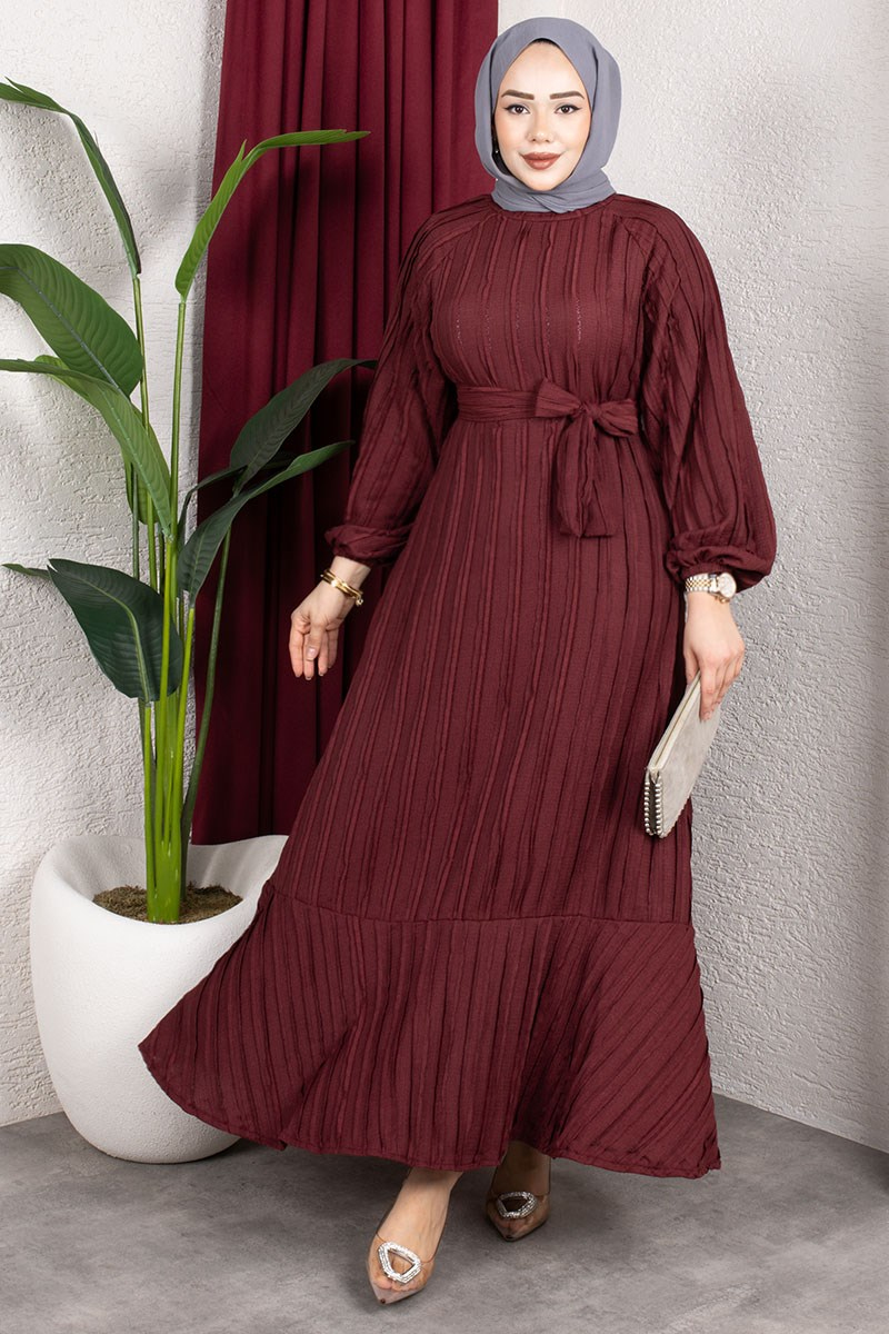 Eteği Fırfırlı Kuşaklı Elbise BORDO