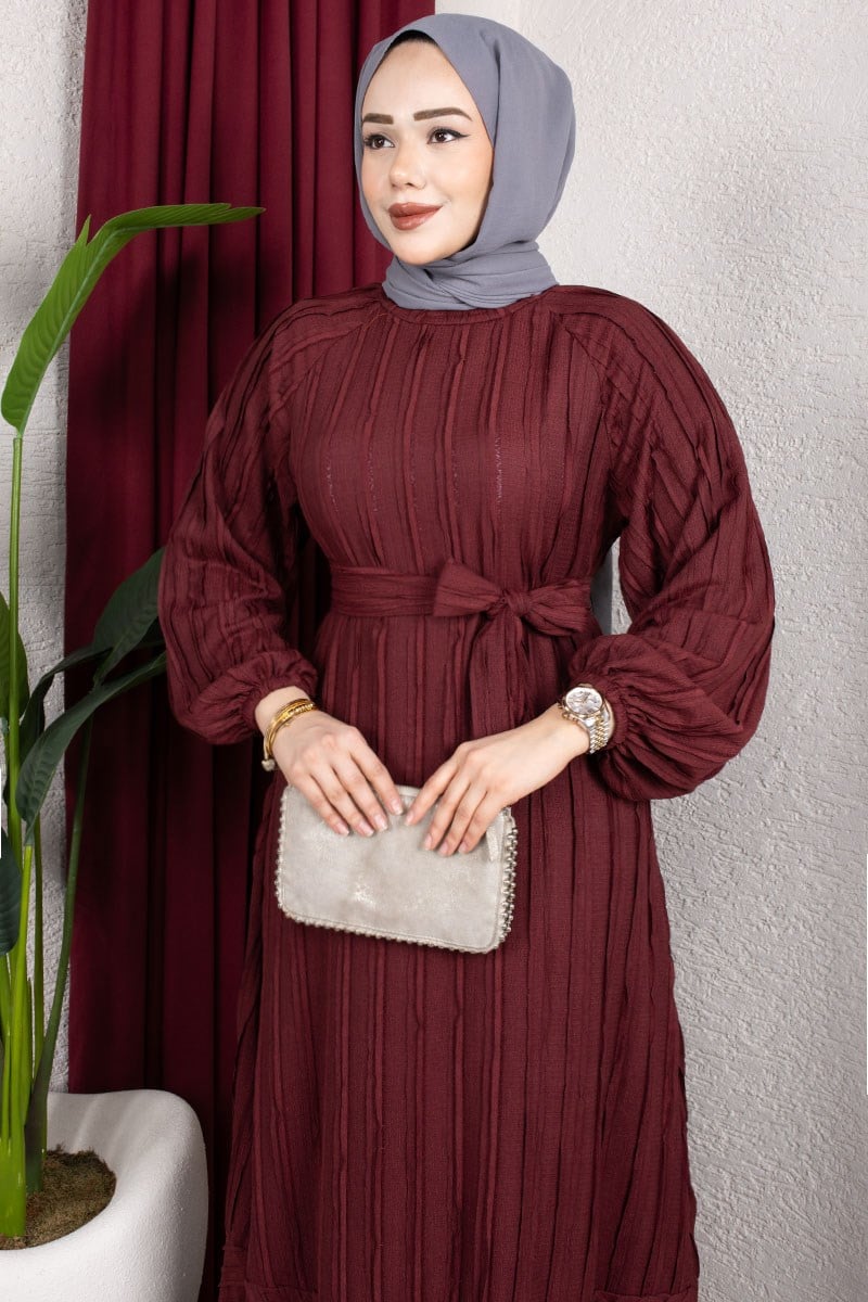 Eteği Fırfırlı Kuşaklı Elbise BORDO