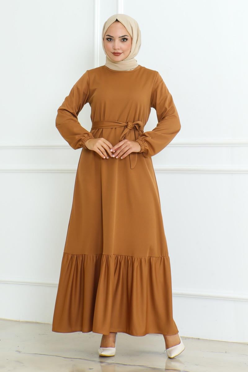 Eteği Fırfırlı Tesettür Elbise CAMEL