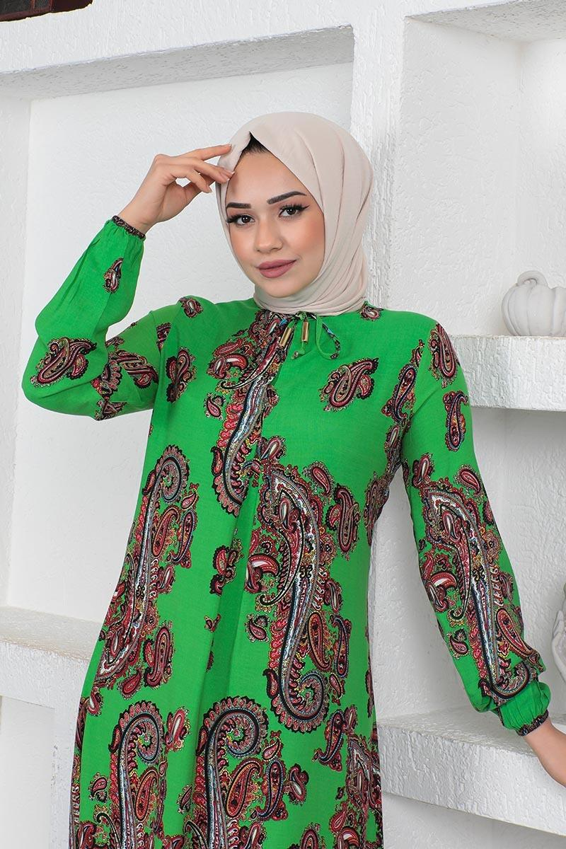 Etnik Desenli Model Tesettür Elbise Yeşil