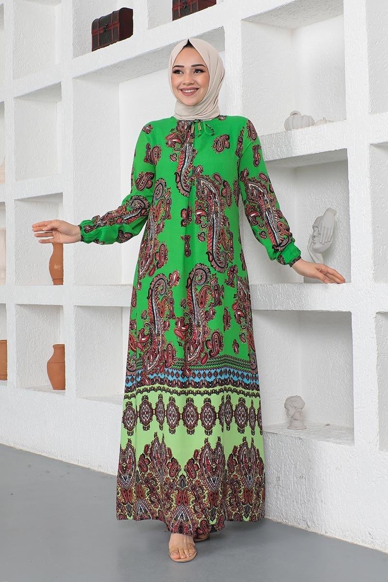 Etnik Desenli Model Tesettür Elbise Yeşil