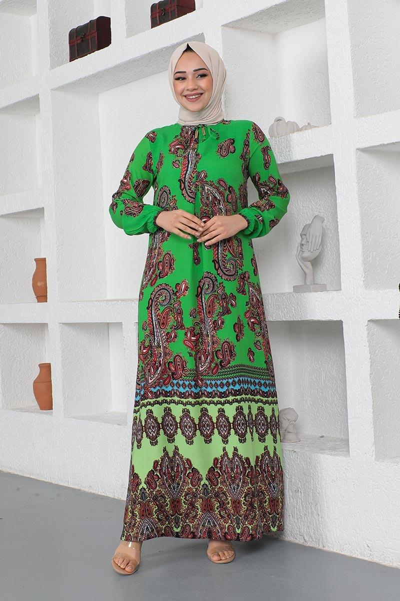 Etnik Desenli Model Tesettür Elbise Yeşil