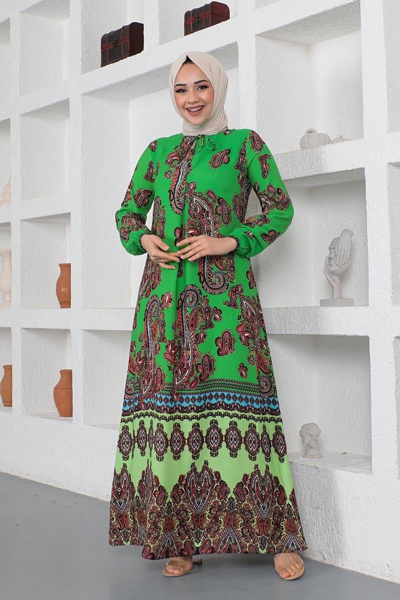 Etnik Desenli Model Tesettür Elbise Yeşil