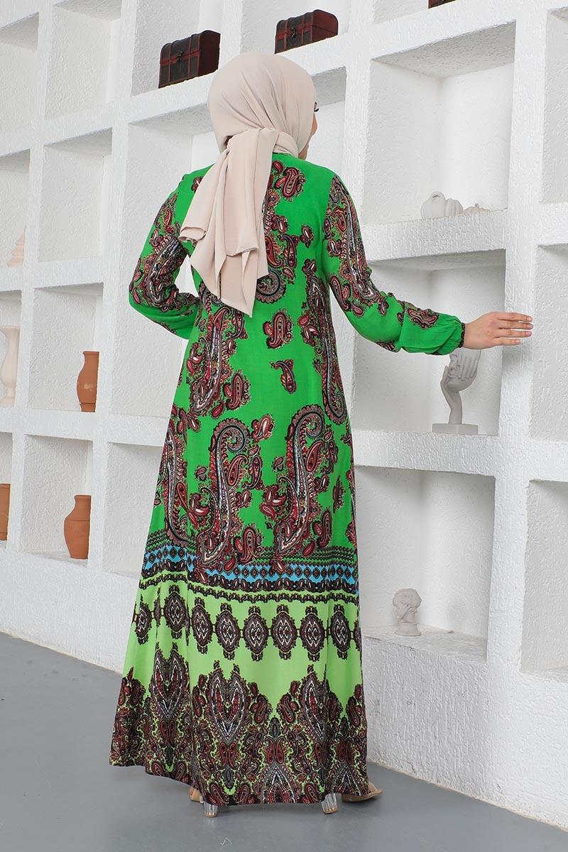 Etnik Desenli Model Tesettür Elbise Yeşil