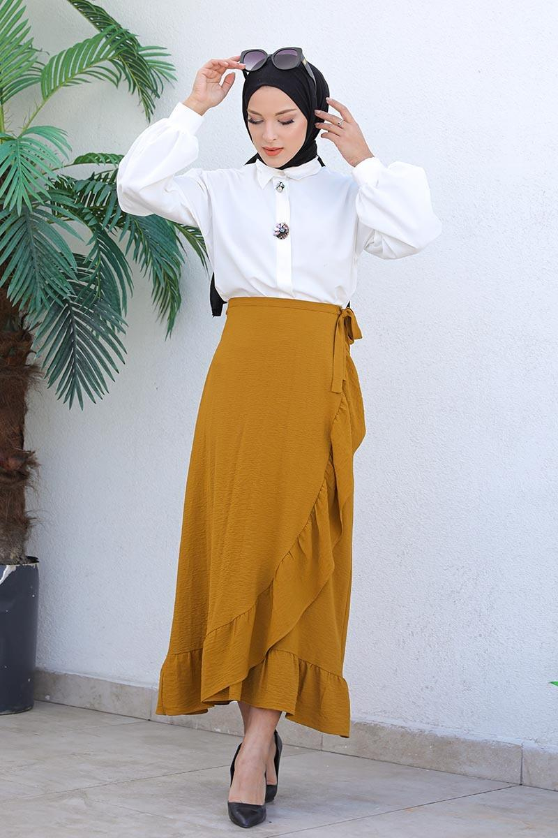Fırfırlı Tasarım Etek Taba