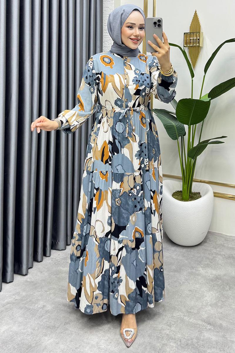 Flora Desenli Viskon Elbise  ANTRASİT