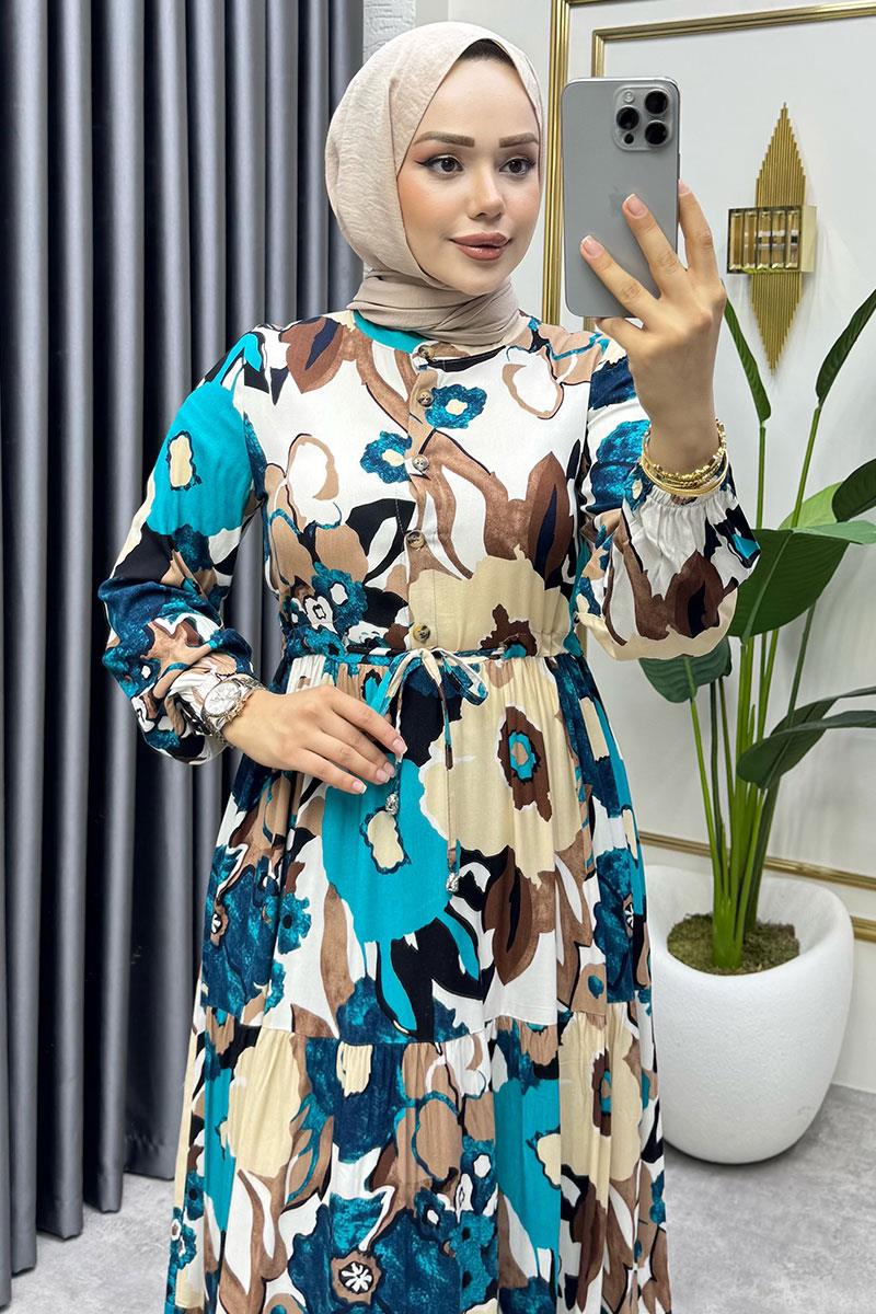 Flora Desenli Viskon Elbise  PETROL