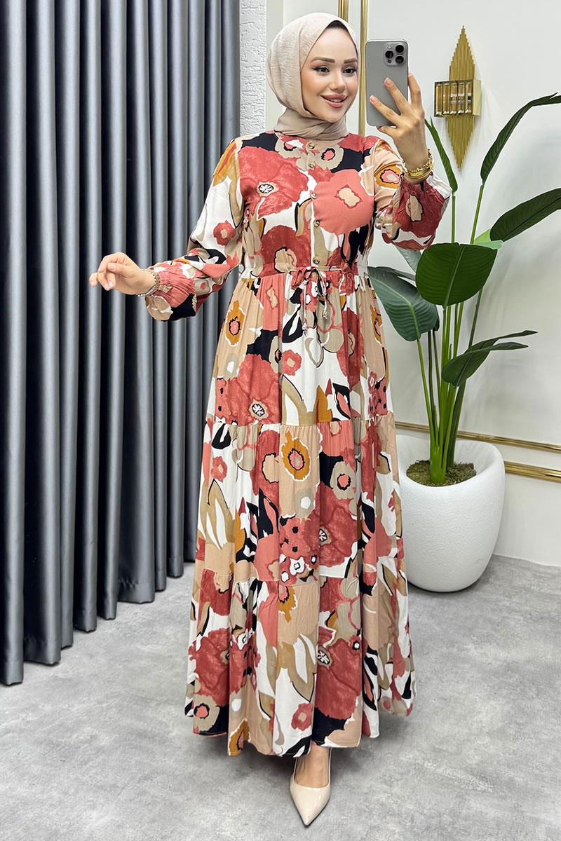 Flora Desenli Viskon Elbise  SOMON