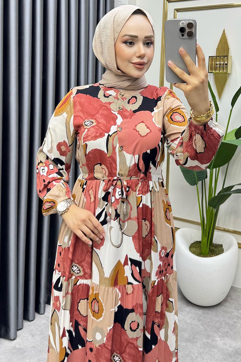 Flora Desenli Viskon Elbise  SOMON