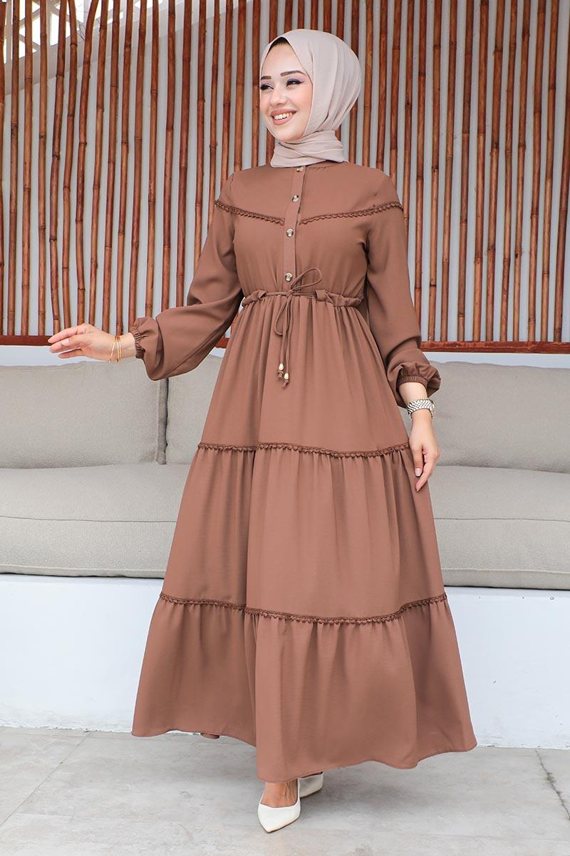 İşleme Detaylı Tesettür Elbise Taba