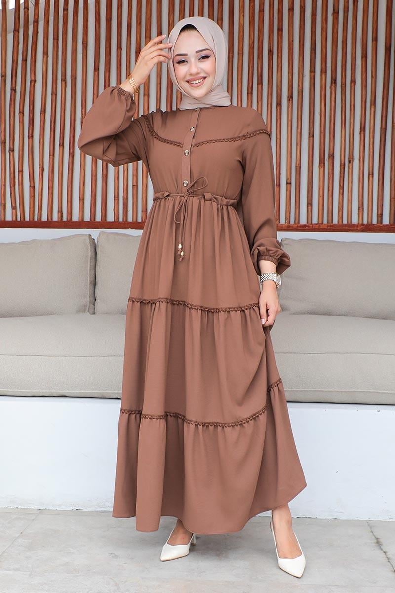 İşleme Detaylı Tesettür Elbise Taba