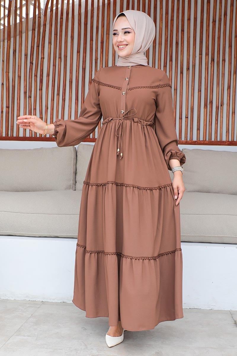 İşleme Detaylı Tesettür Elbise Taba