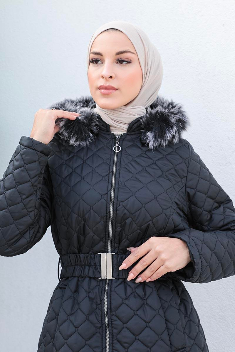 Kapitone Şişme Mont Siyah