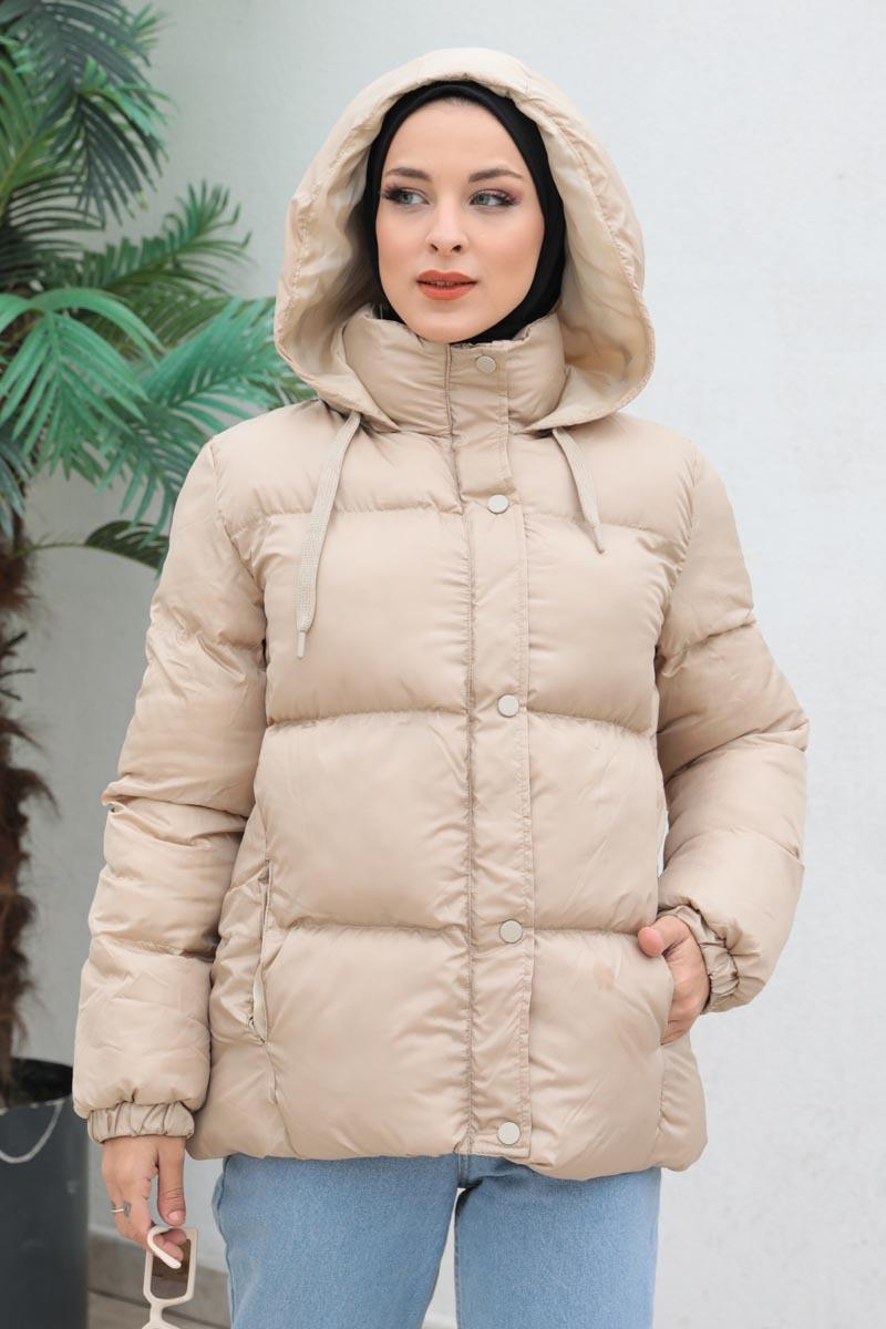 Kapüşonlu Şişme Mont Bej