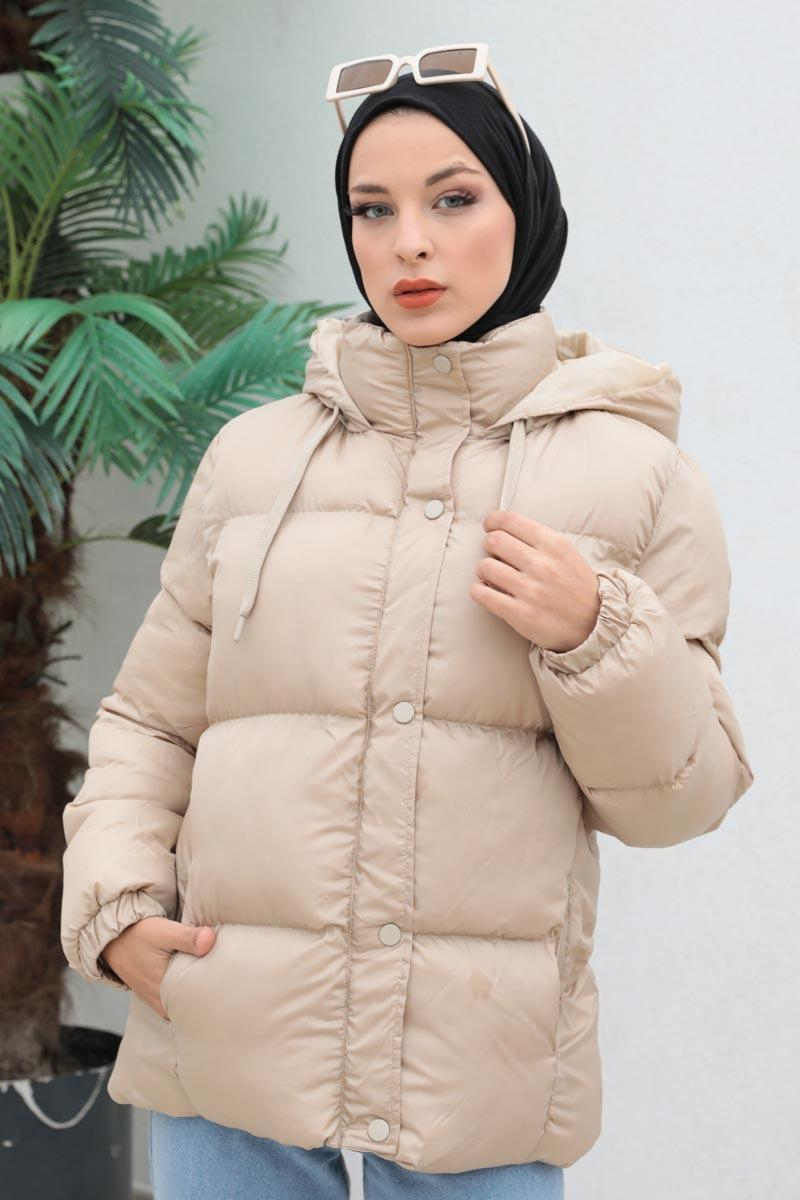 Kapüşonlu Şişme Mont Bej