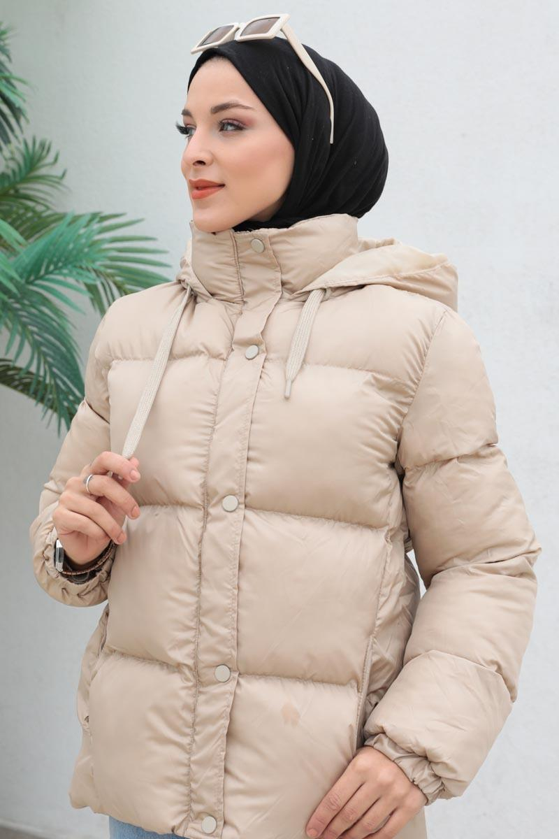 Kapüşonlu Şişme Mont Bej