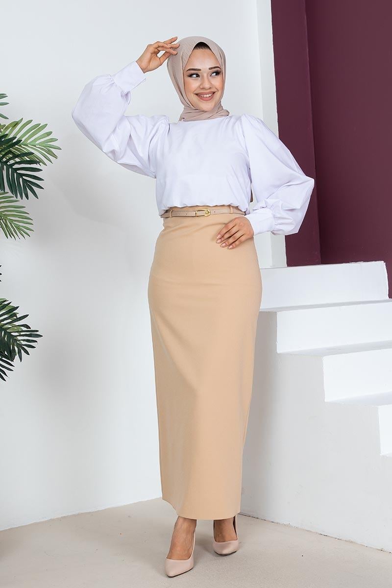 Kemerli Kalem Etek Bej