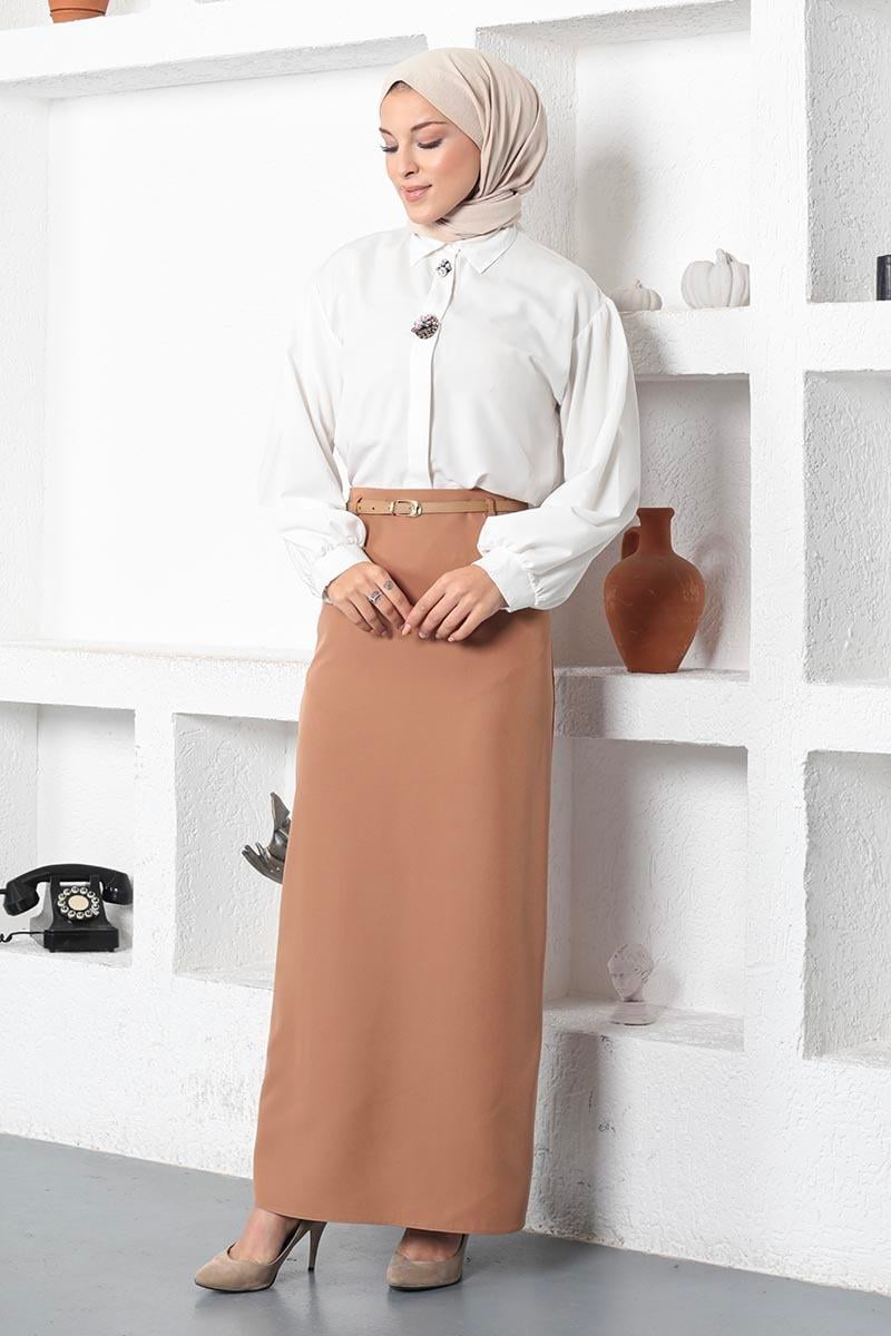 Kemerli Kalem Etek Camel