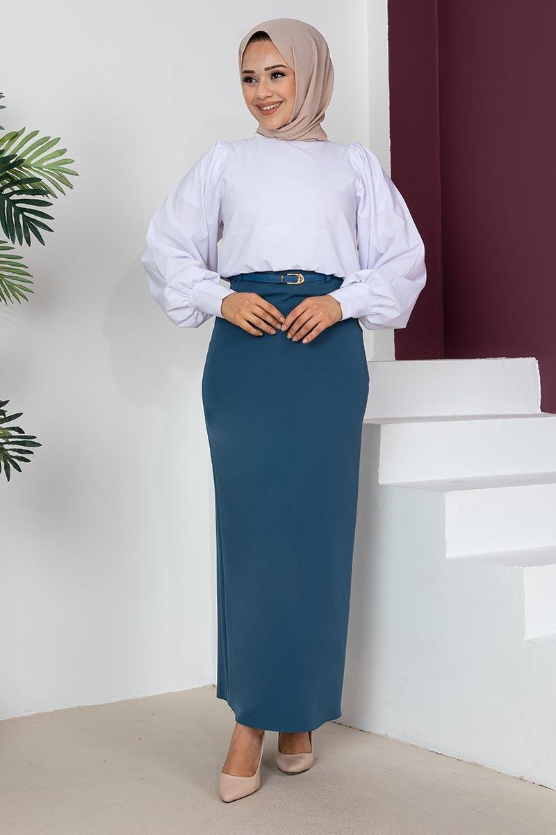 Kemerli Kalem Etek Koyu Mavi
