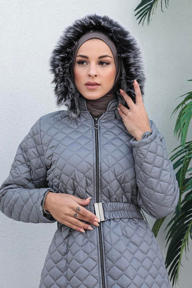 Kemerli Şişme Mont Gri