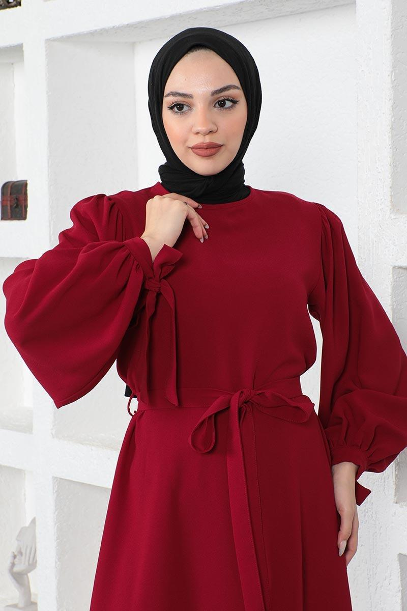 Kolları Bağlamalı Tesettür Elbise Bordo