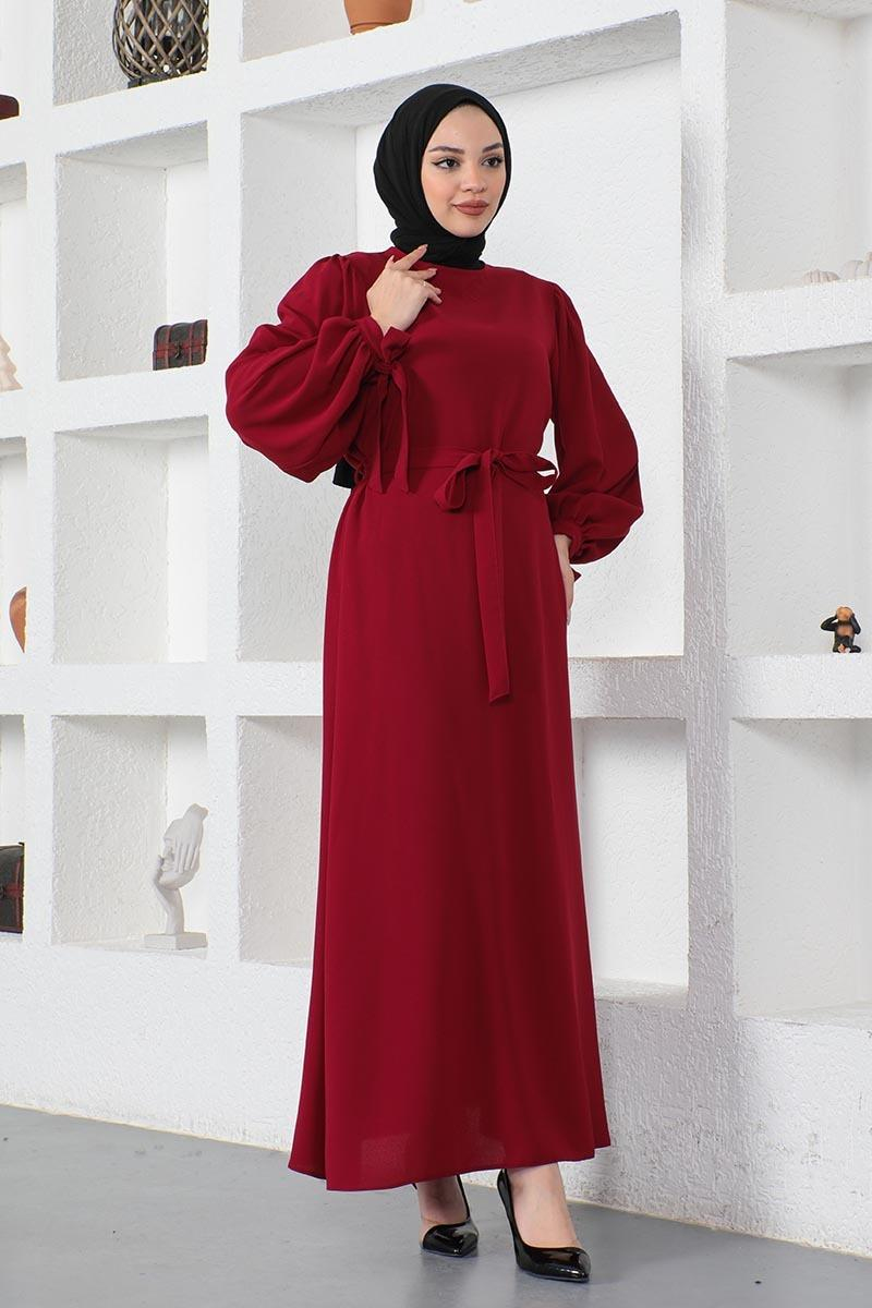 Kolları Bağlamalı Tesettür Elbise Bordo